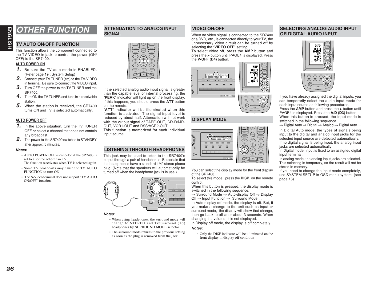 Other function, Test ch.sel surr 7.1ch att spk-ab disp osd sleep, Learning remote controller rc1400 | Use page, Disp | Marantz SR7400 User Manual | Page 29 / 52