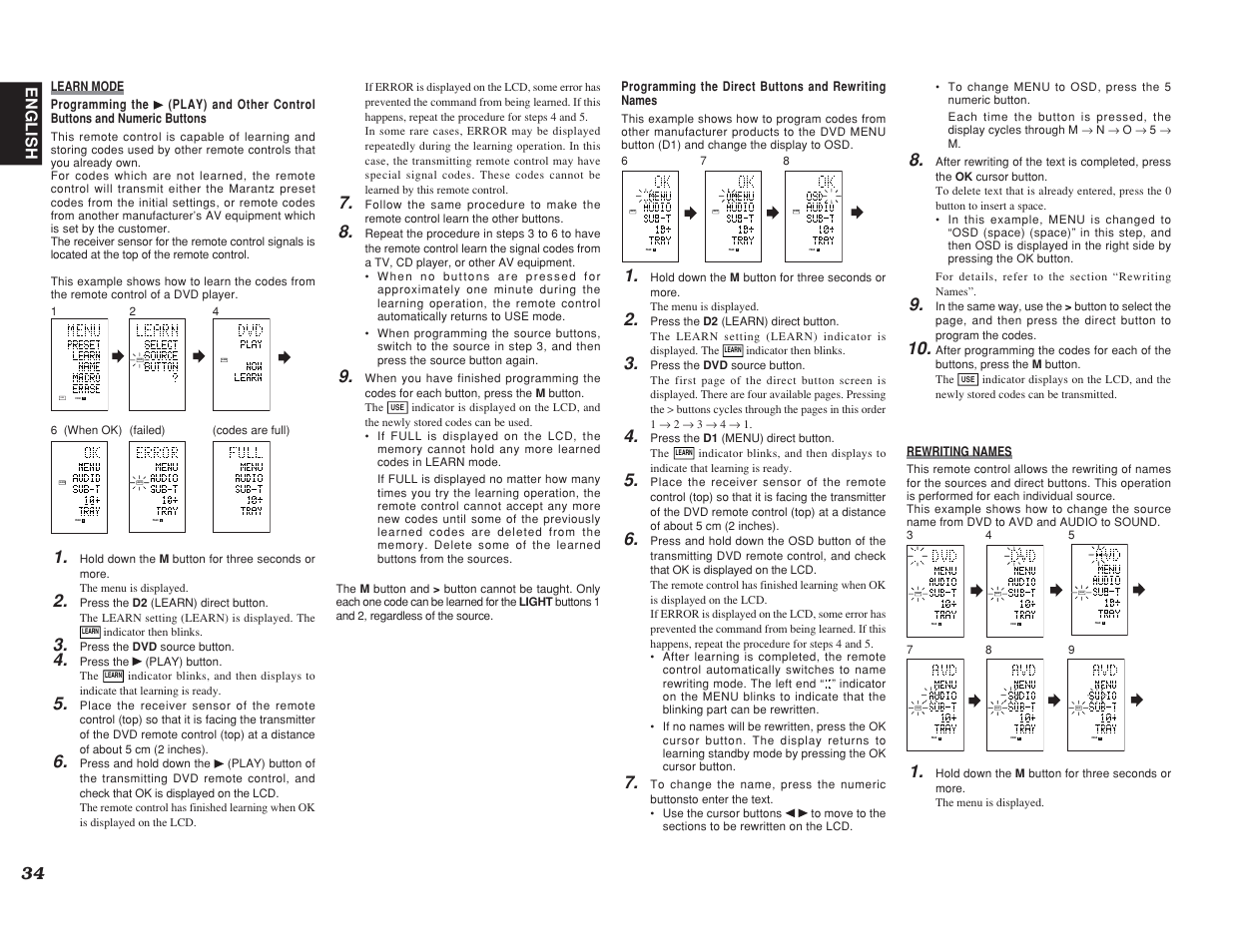 Learn, Learn page, Name | Marantz SR7400 User Manual | Page 37 / 52