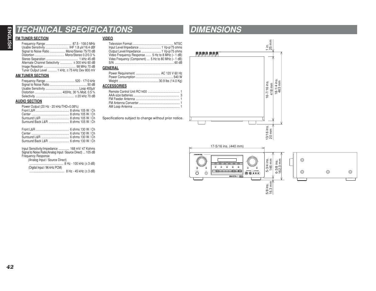 Technical specifications, Dimensions | Marantz SR7400 User Manual | Page 45 / 52