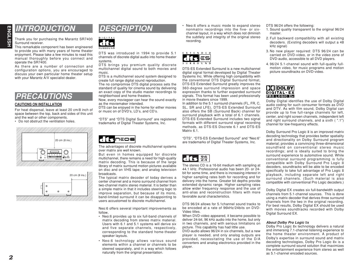 Introduction, Precautions, Description | Marantz SR7400 User Manual | Page 5 / 52