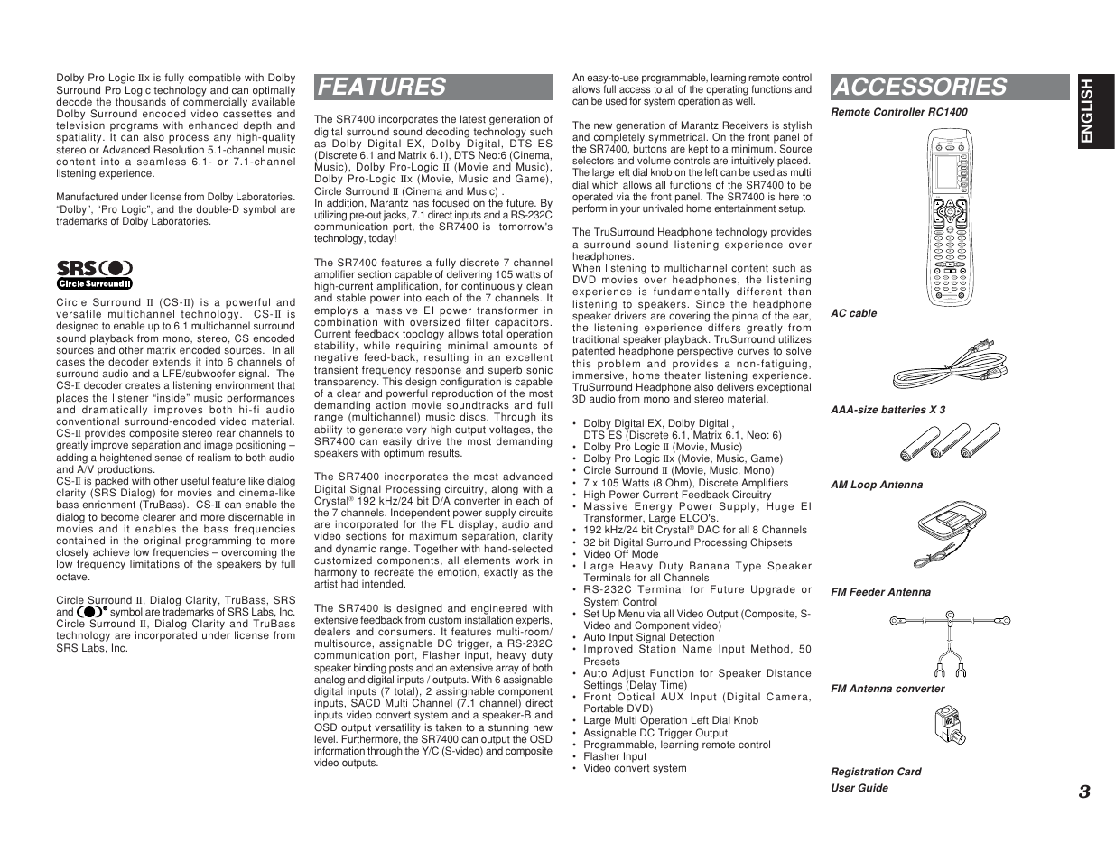 Features, Accessories | Marantz SR7400 User Manual | Page 6 / 52