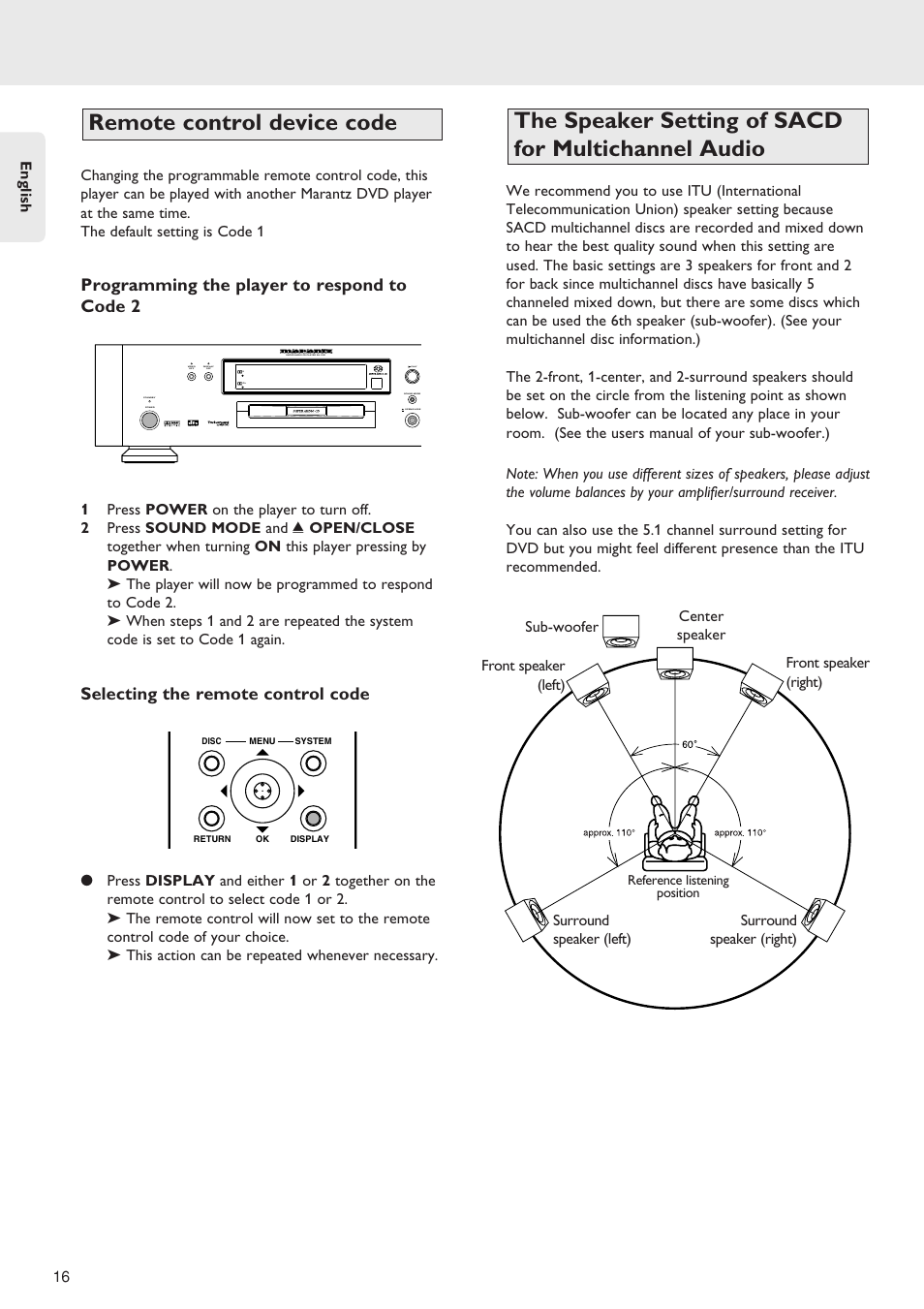 The speaker setting of sacd for multichannel audio, Remote control device code | Marantz SA-12S1 User Manual | Page 20 / 40