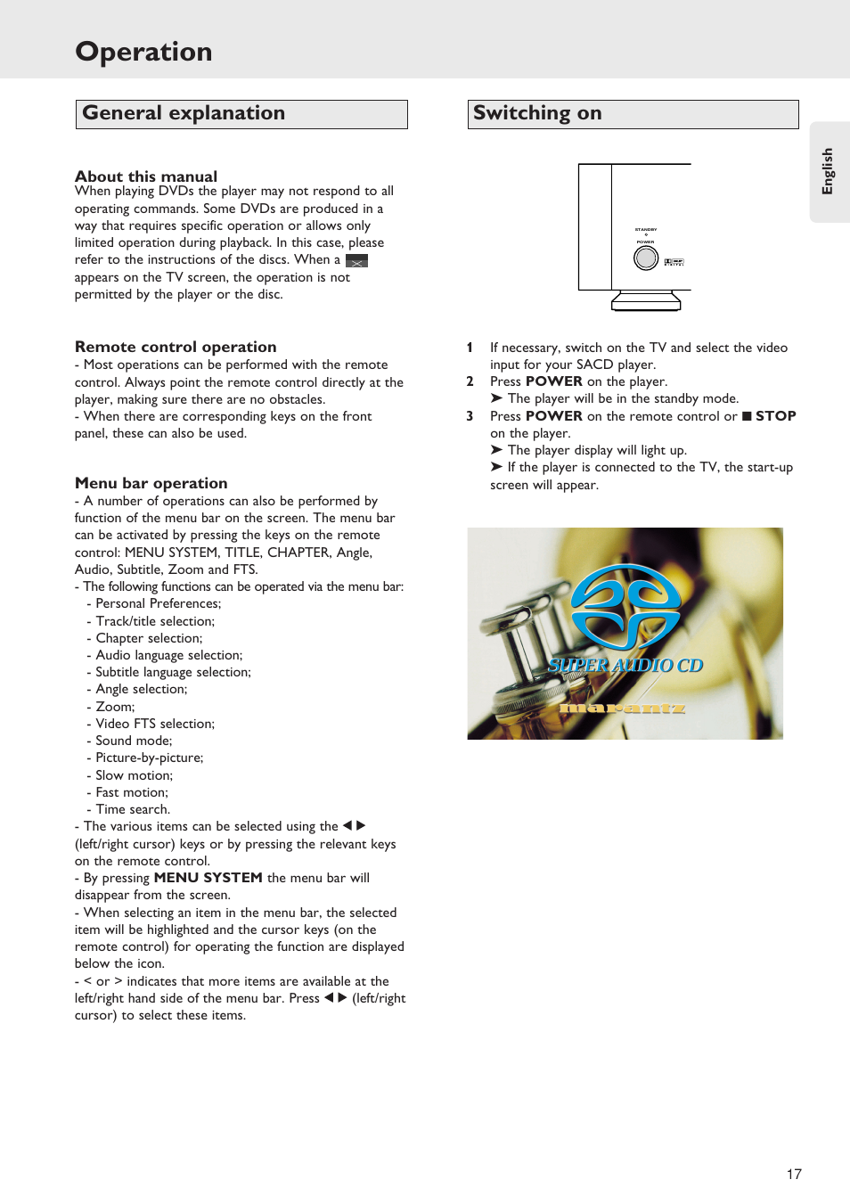 Operation, Switching on general explanation | Marantz SA-12S1 User Manual | Page 21 / 40