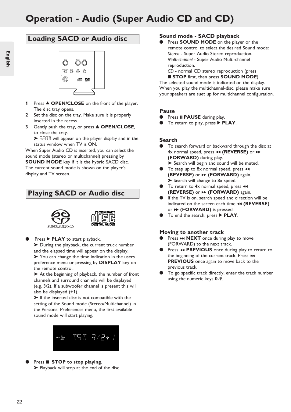 Operation - audio (super audio cd and cd), Playing sacd or audio disc, Loading sacd or audio disc | Marantz SA-12S1 User Manual | Page 26 / 40