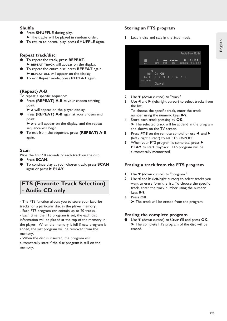 Clear all, Fts (favorite track selection) - audio cd only | Marantz SA-12S1 User Manual | Page 27 / 40