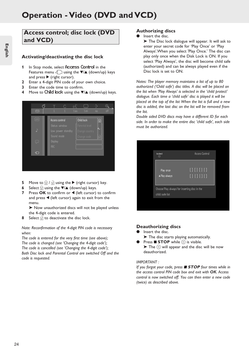 Operation - video (dvd and vcd), Access control, Child lock | Access control; disc lock (dvd and vcd) | Marantz SA-12S1 User Manual | Page 28 / 40