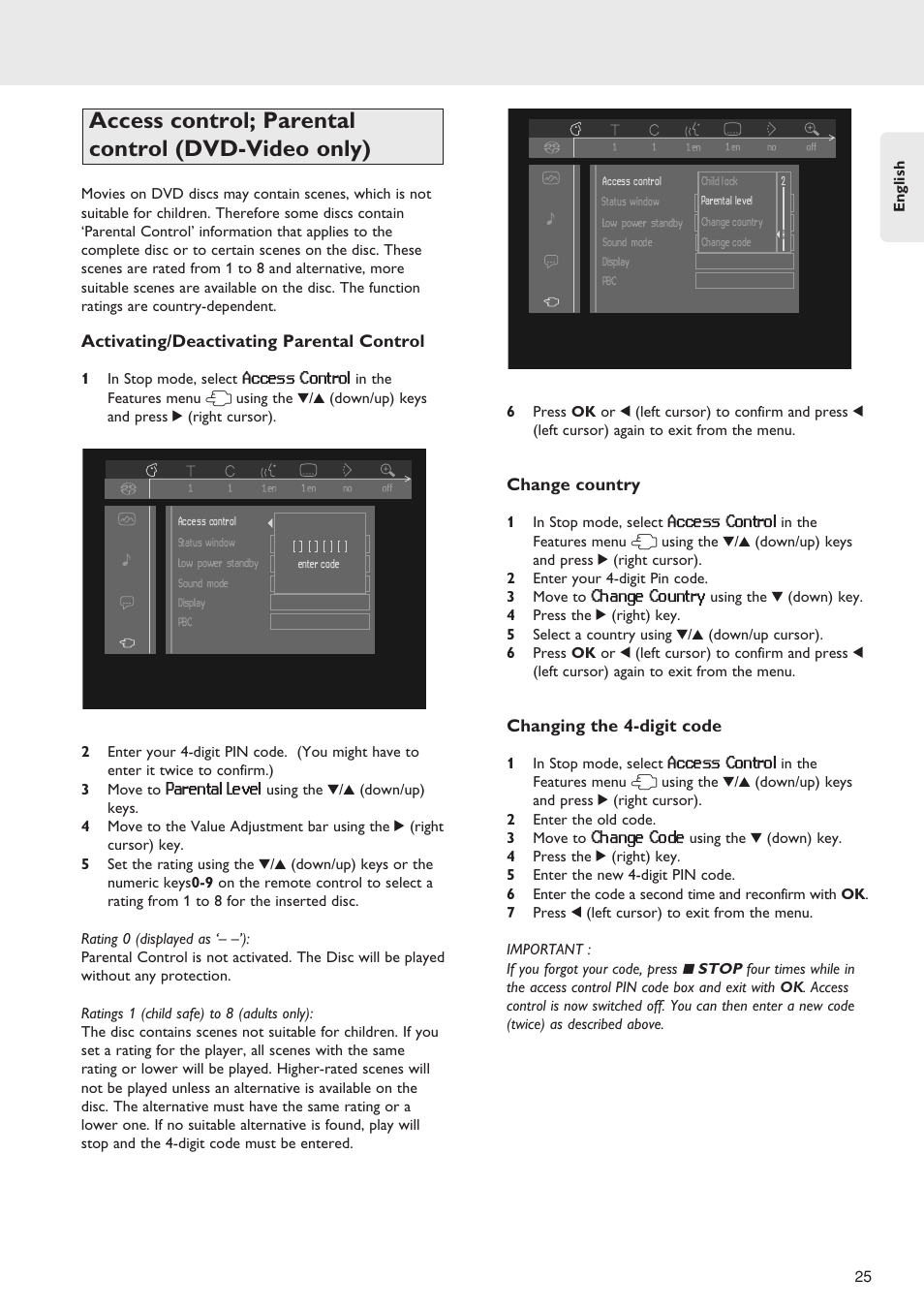 Access control, Parental level, Change country | Change code, Access control; parental control (dvd-video only) | Marantz SA-12S1 User Manual | Page 29 / 40