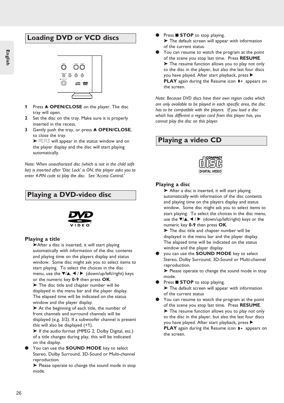 Playing a video cd playing a dvd-video disc, Loading dvd or vcd discs | Marantz SA-12S1 User Manual | Page 30 / 40