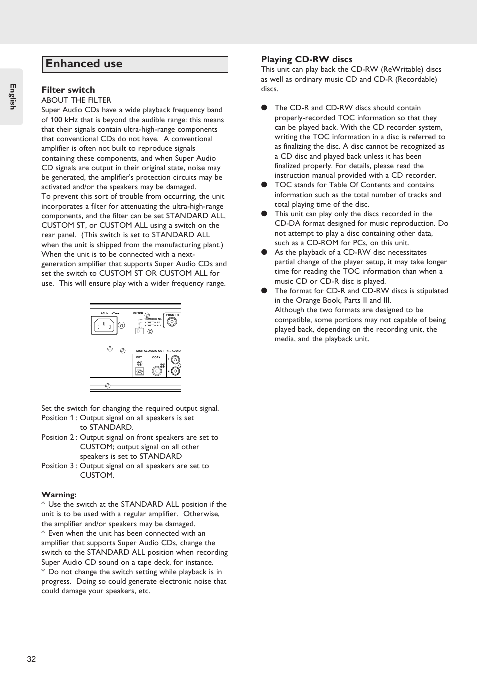 Enhanced use, Filter switch, Playing cd-rw discs | English 32 | Marantz SA-12S1 User Manual | Page 36 / 40