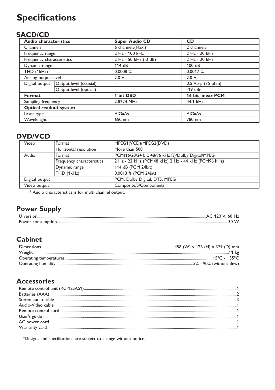 Specifications, Sacd/cd, Dvd/vcd | Power supply, Cabinet, Accessories | Marantz SA-12S1 User Manual | Page 39 / 40