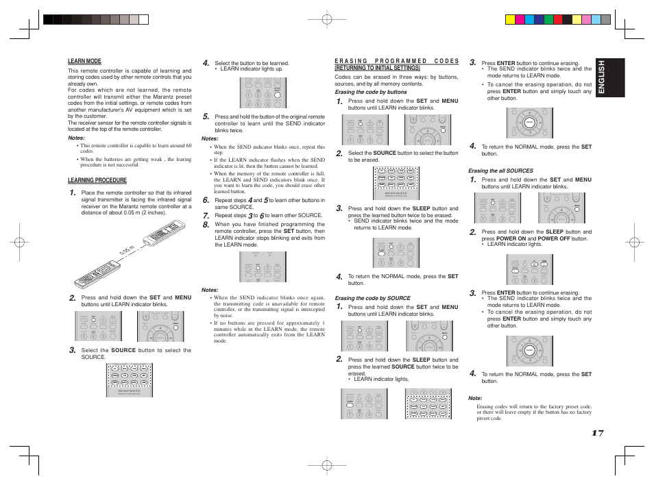 Syst em r emo te c ont roll er rc5 500s r, English, Learn mode | Learning procedure, 05 m | Marantz SR4002/SR5002 User Manual | Page 20 / 60