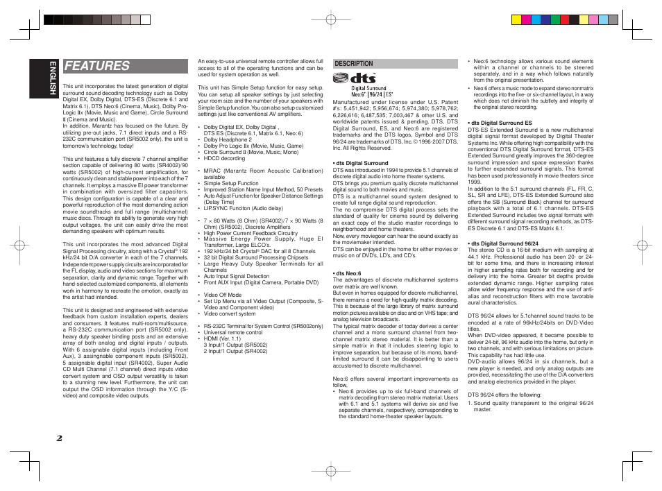 Features | Marantz SR4002/SR5002 User Manual | Page 5 / 60