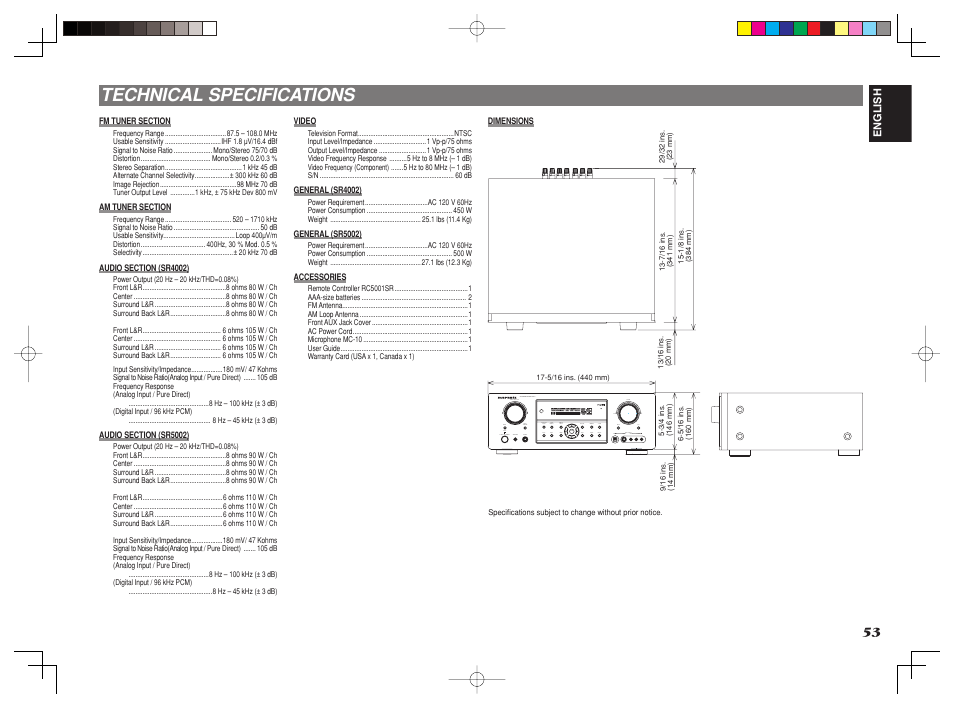 Technical specifications | Marantz SR4002/SR5002 User Manual | Page 56 / 60
