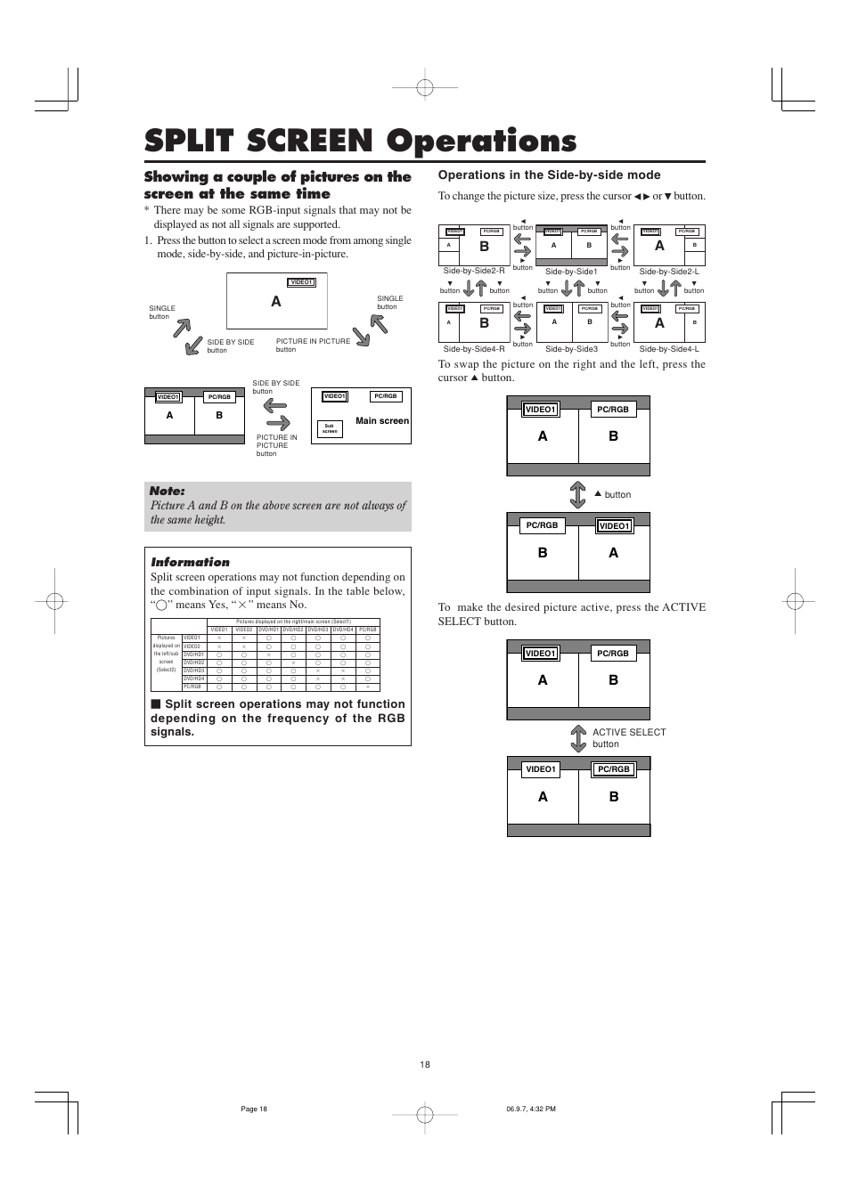 Split screen operations, Button | Marantz PD6001 User Manual | Page 17 / 40