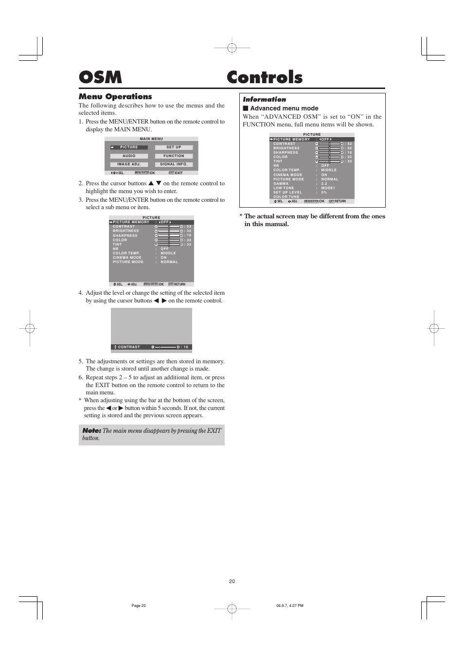 Controls, On screen menu), Menu operations | Marantz PD6001 User Manual | Page 19 / 40