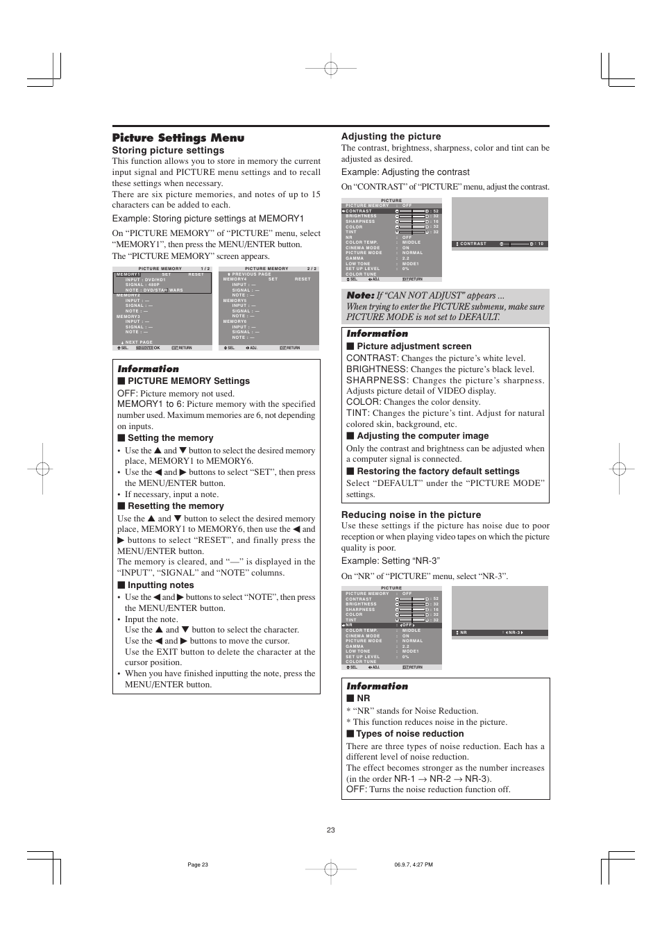 Picture settings menu | Marantz PD6001 User Manual | Page 22 / 40