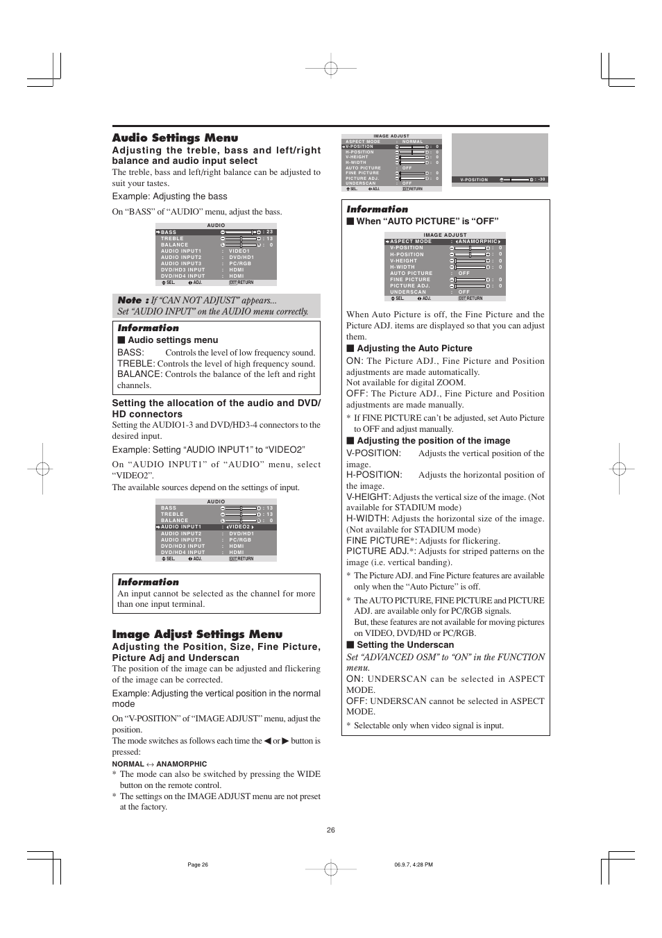 Audio settings menu, Image adjust settings menu, Button is pressed | Information Ⅵ when “auto picture” is “off | Marantz PD6001 User Manual | Page 25 / 40