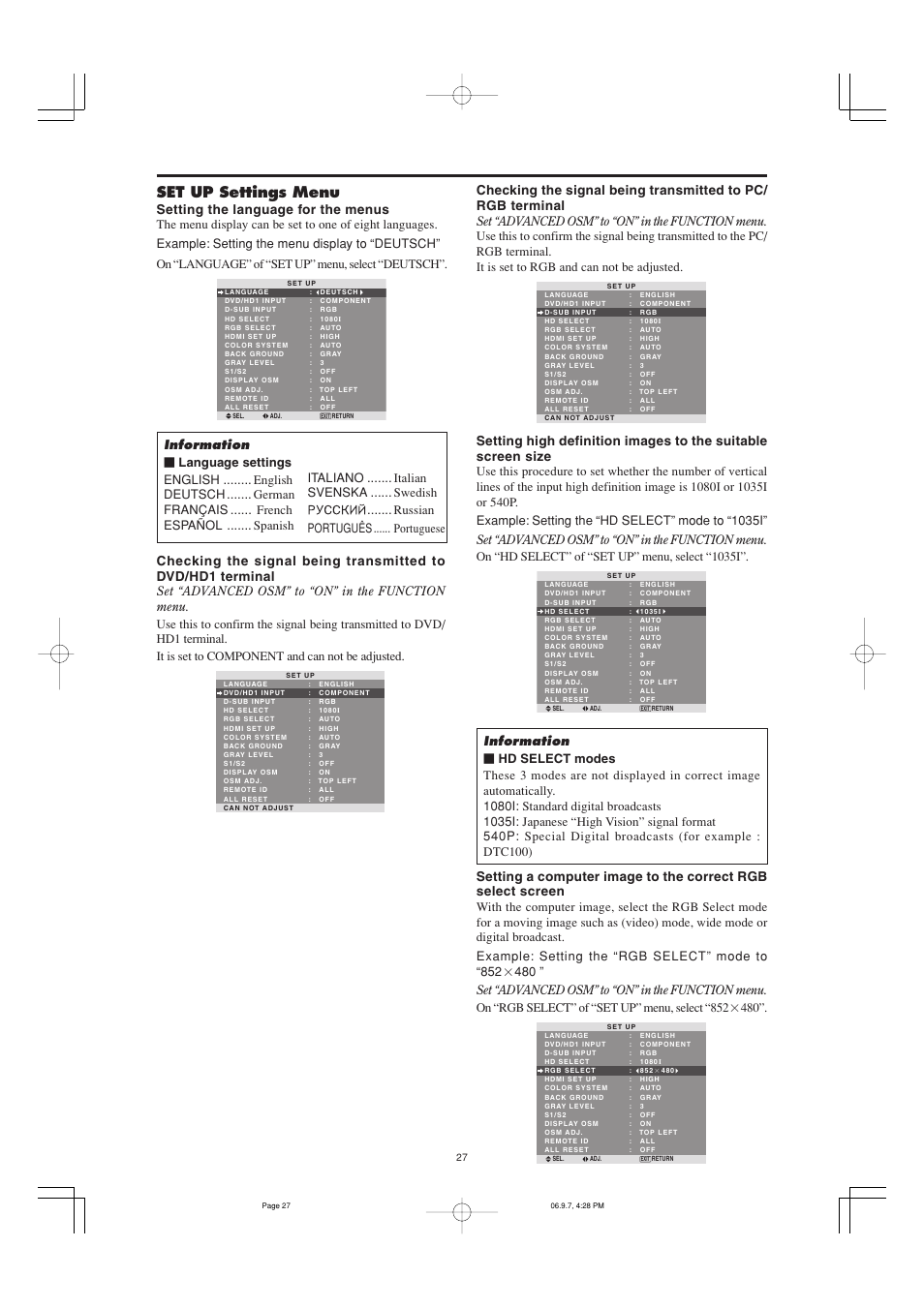 Set up settings menu | Marantz PD6001 User Manual | Page 26 / 40