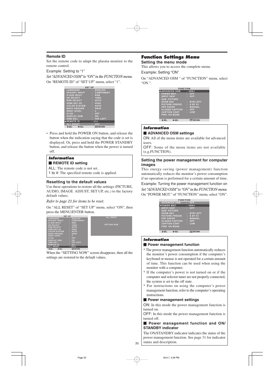 Function settings menu | Marantz PD6001 User Manual | Page 29 / 40