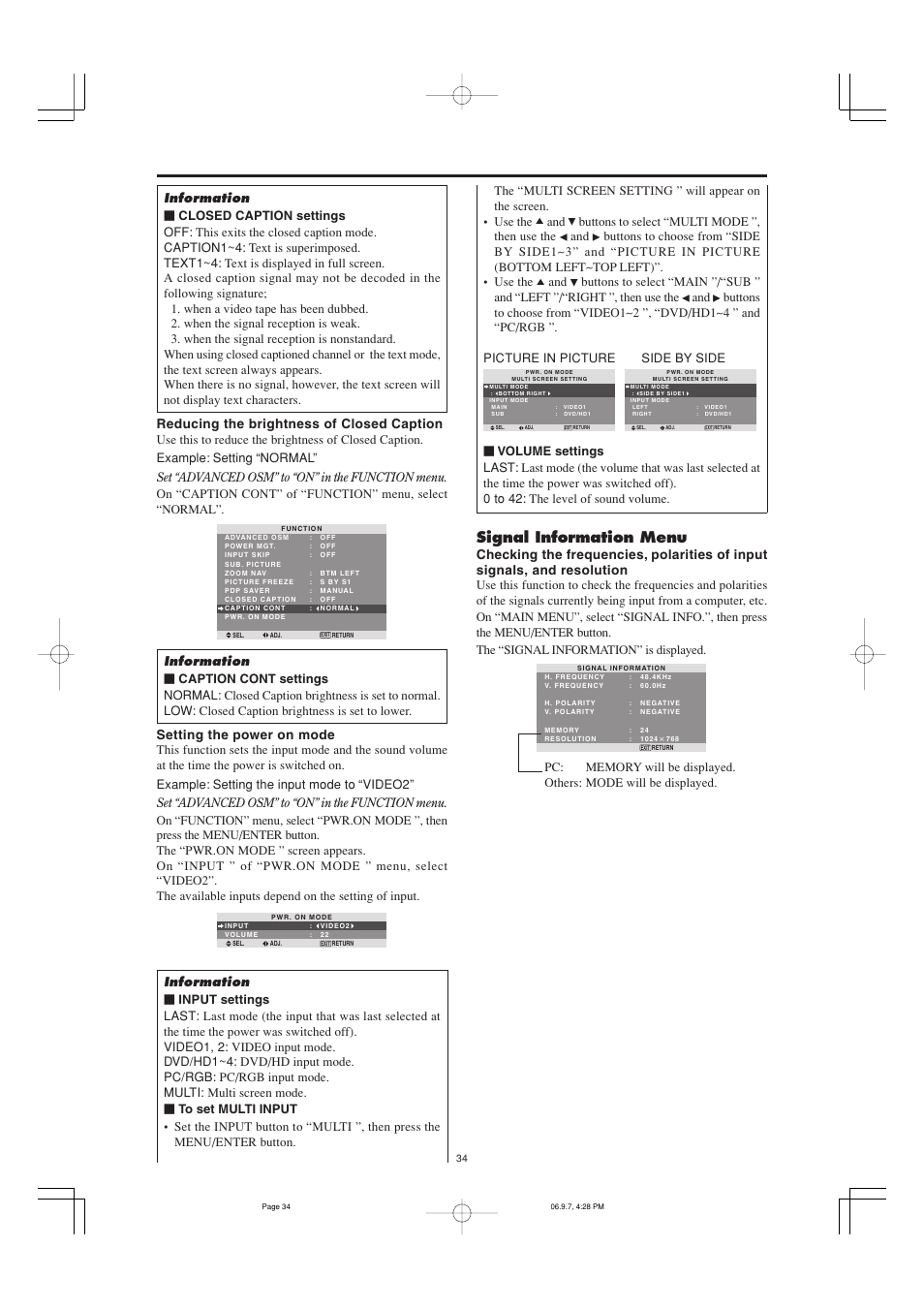 Signal information menu, Buttons to select “multi mode ”, then use the | Marantz PD6001 User Manual | Page 33 / 40
