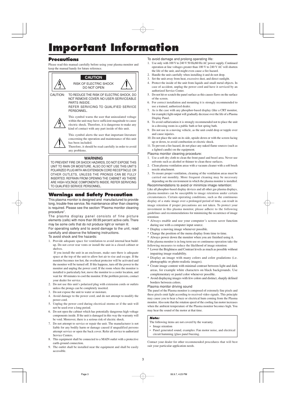 Important information, Precautions, Warnings and safety precaution | Marantz PD6001 User Manual | Page 4 / 40