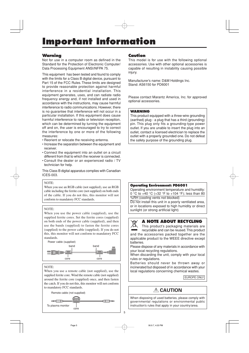 Important information, Caution | Marantz PD6001 User Manual | Page 6 / 40