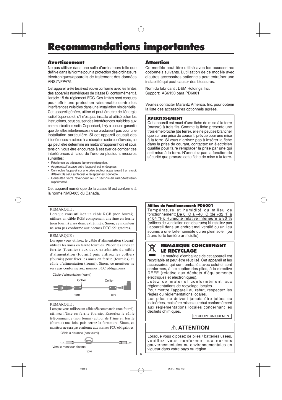Recommandations importantes, Attention | Marantz PD6001 User Manual | Page 7 / 40
