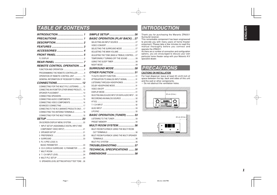 Table of contents introduction, Precautions, Surround | Marantz ZR6001 User Manual | Page 4 / 56