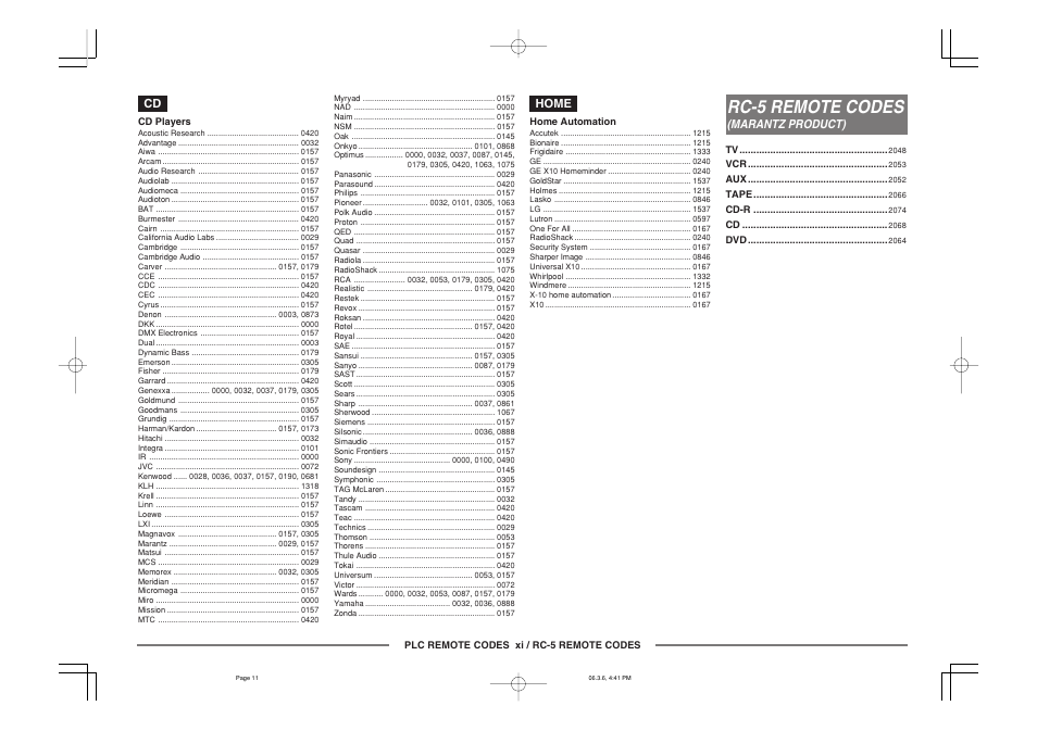 Rc-5 remote codes | Marantz ZR6001 User Manual | Page 55 / 56