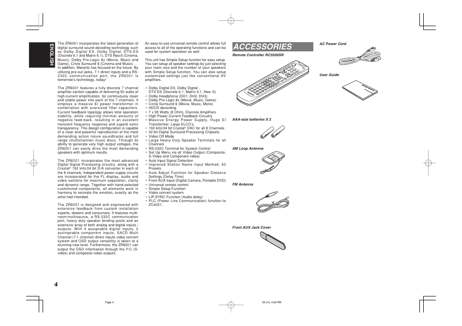 Accessories, Vol. main vol.tv, Push | Marantz ZR6001 User Manual | Page 7 / 56