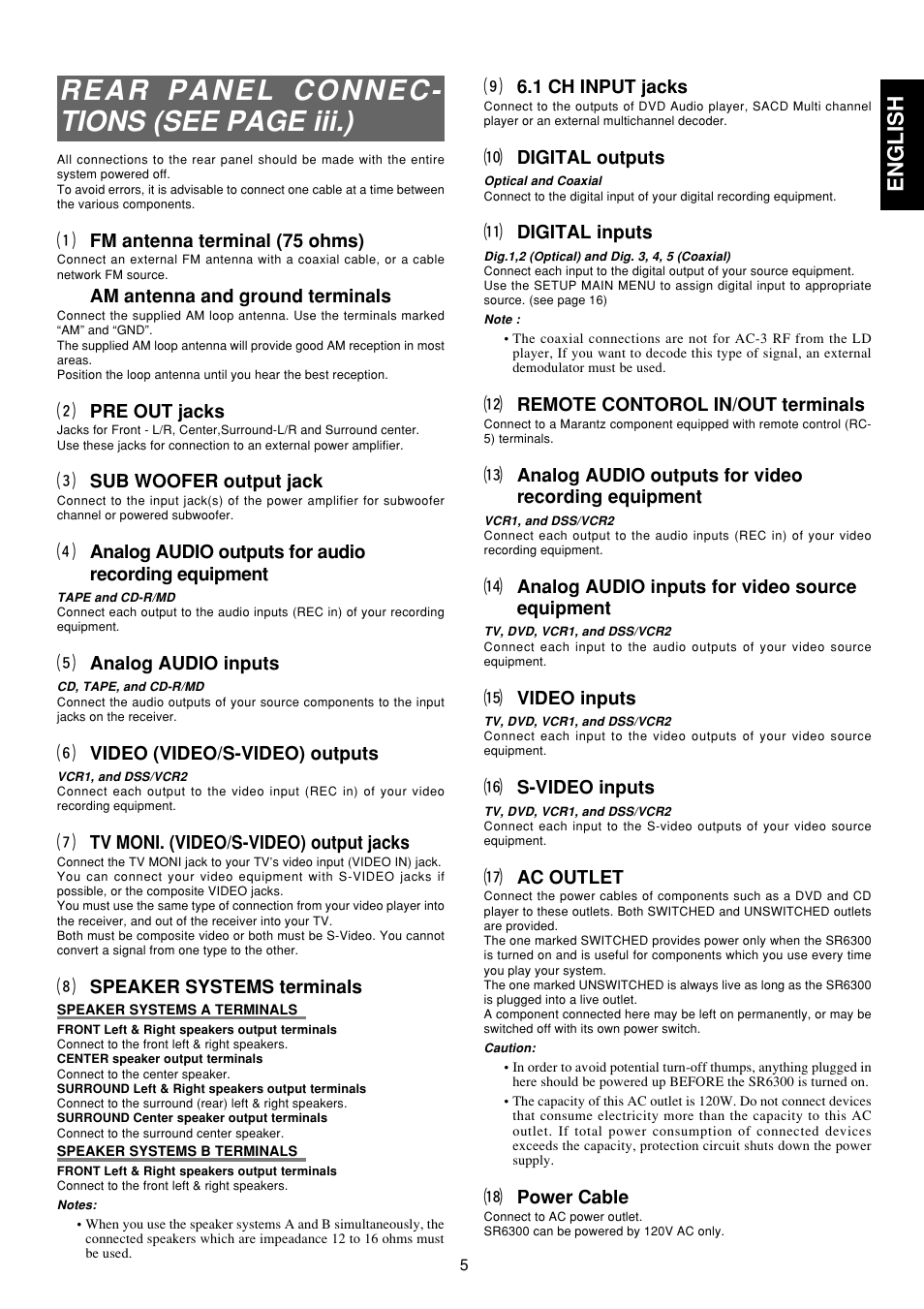 English, A fm antenna terminal (75 ohms), Am antenna and ground terminals | S pre out jacks, D sub woofer output jack, G analog audio inputs, H video (video/s-video) outputs, J tv moni. (video/s-video) output jacks, K speaker systems terminals, L 6.1 ch input jacks | Marantz SR6300 User Manual | Page 10 / 43