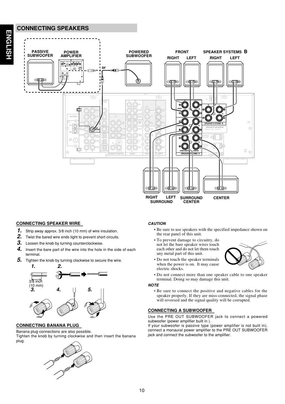 English, Connecting speakers, Connecting speaker wire | Connecting banana plug, Caution, Loosen the knob by turning counterclockwise, 3/8 inch (10 mm), Right left | Marantz SR6300 User Manual | Page 15 / 43