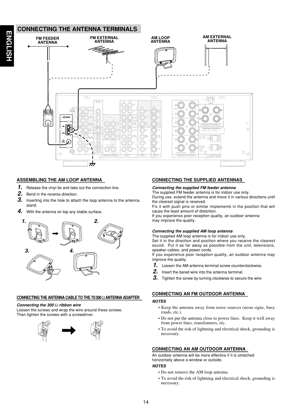English, Connecting the antenna terminals, Assembling the am loop antenna | Connecting the supplied antennas, Connecting an fm outdoor antenna, Connecting the 300, Ribbon wire, Connecting the supplied fm feeder antenna, Connecting the supplied am loop antenna, Bend in the reverse direction | Marantz SR6300 User Manual | Page 19 / 43