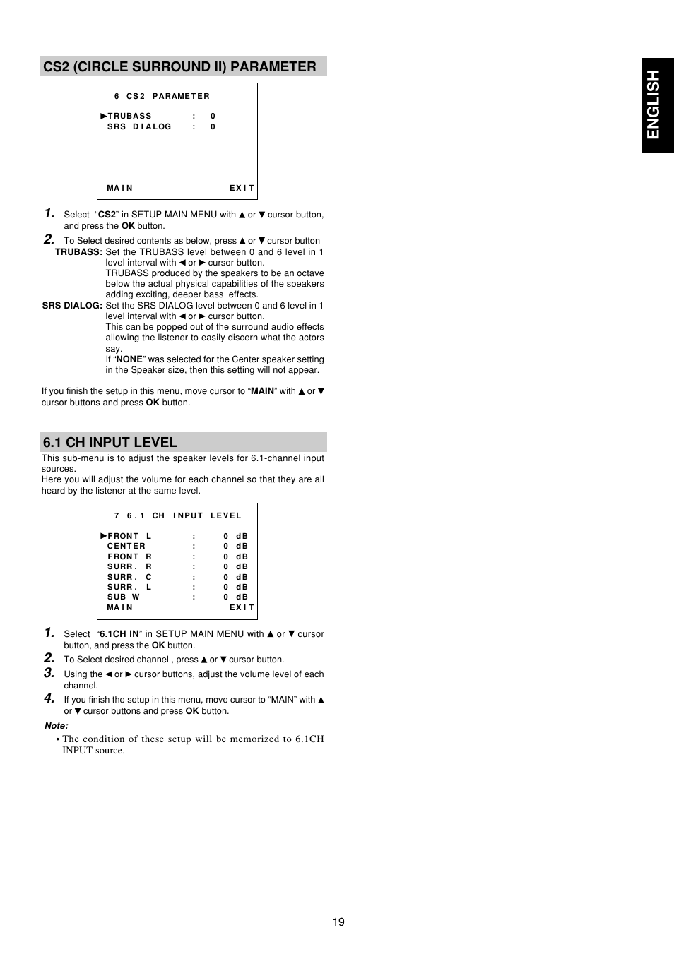 English, Cs2 (circle surround ii) parameter 1, 1 ch input level | Marantz SR6300 User Manual | Page 24 / 43