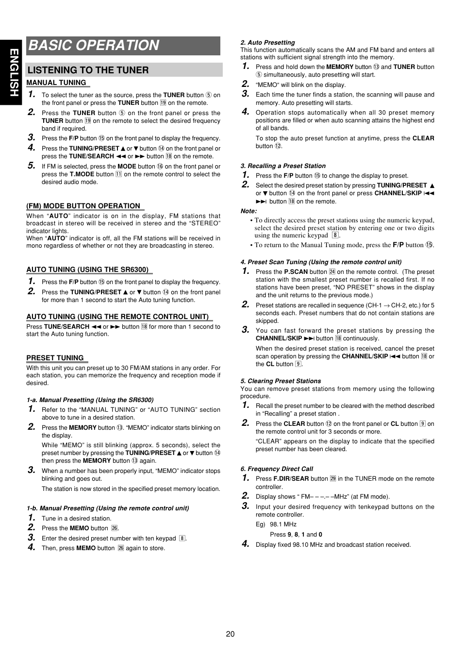 Basic operation, English, Listening to the tuner | Marantz SR6300 User Manual | Page 25 / 43