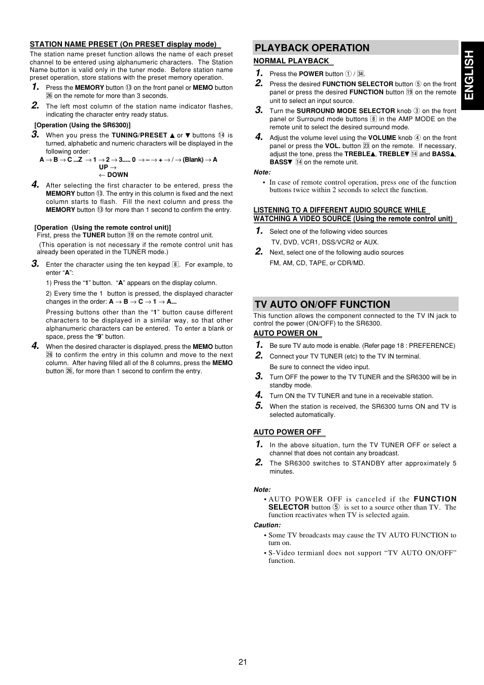 English, Playback operation, Tv auto on/off function | Marantz SR6300 User Manual | Page 26 / 43