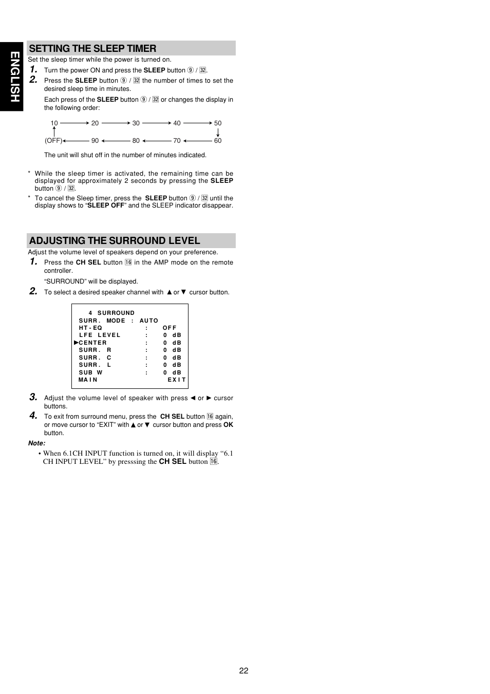 English, Setting the sleep timer, Adjusting the surround level | Marantz SR6300 User Manual | Page 27 / 43