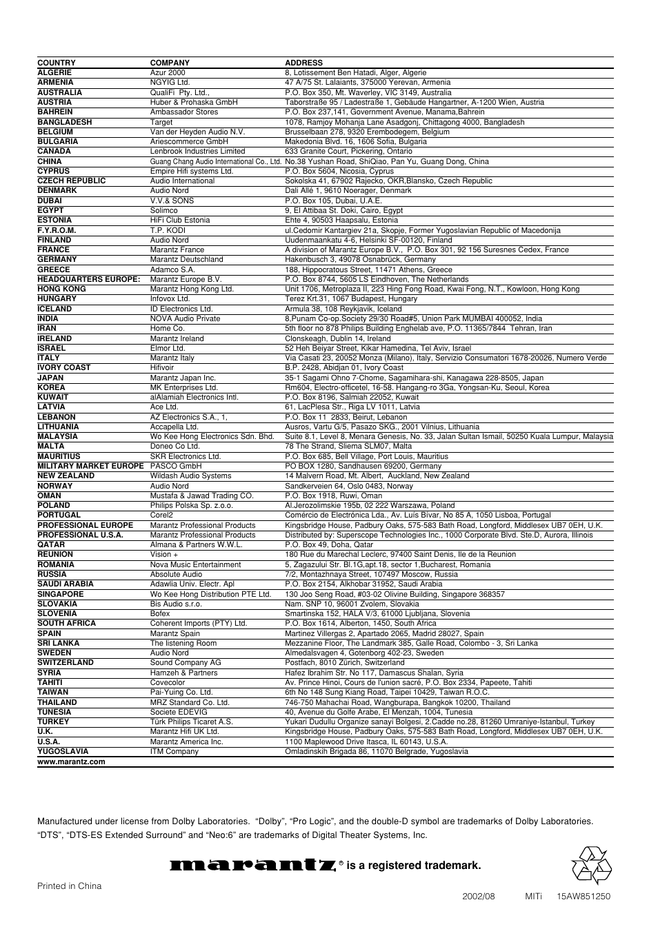 Is a registered trademark | Marantz SR6300 User Manual | Page 43 / 43