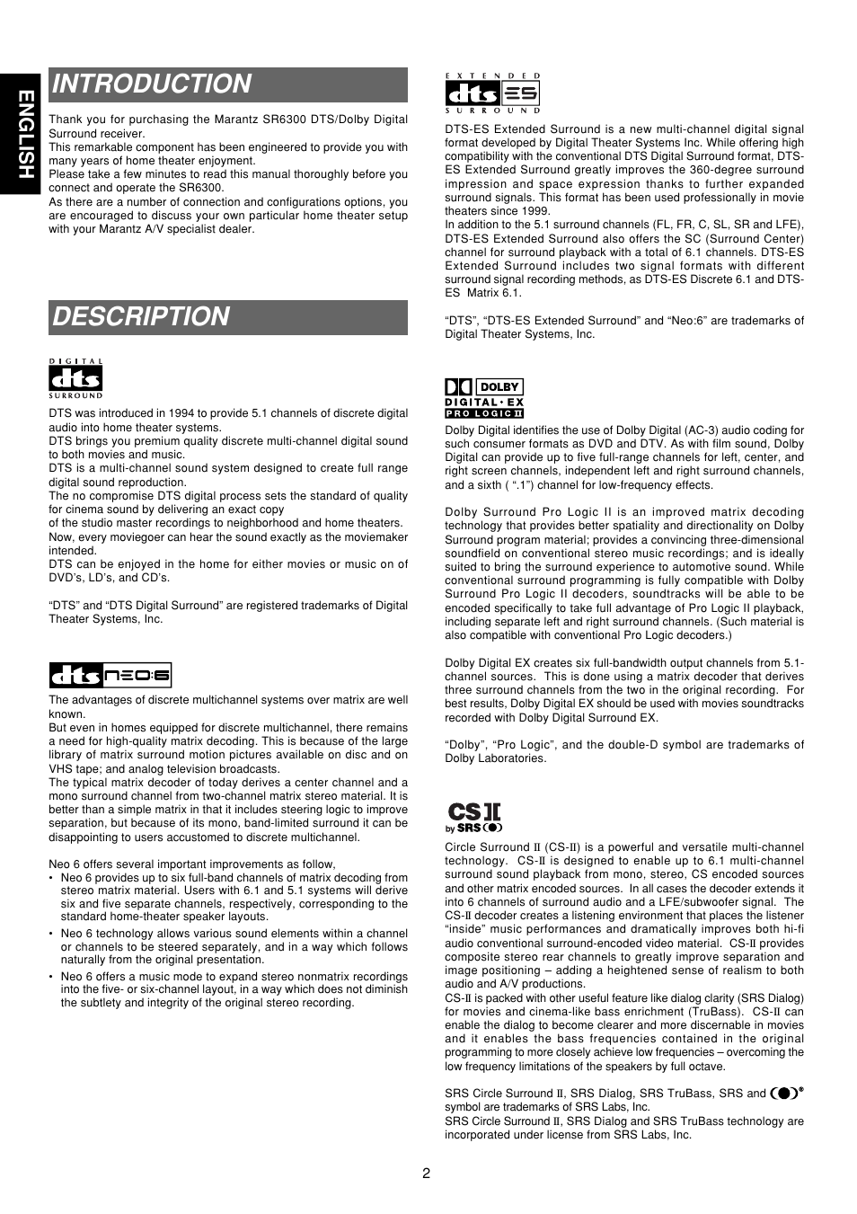Introduction, Description, English | Marantz SR6300 User Manual | Page 7 / 43