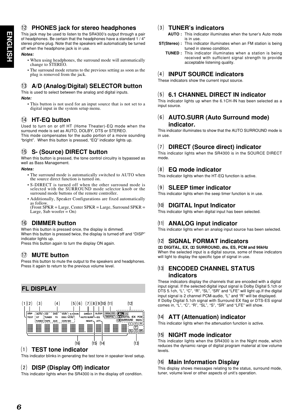 6english, 2 phones jack for stereo headphones, 3 a/d (analog/digital) selector button | 4 ht-eq button, 5 s- (source) direct button, 6 dimmer button, 7 mute button, Fl display a test tone indicator, S disp (display off) indicator, D tuner’s indicators | Marantz SR4300 User Manual | Page 10 / 44