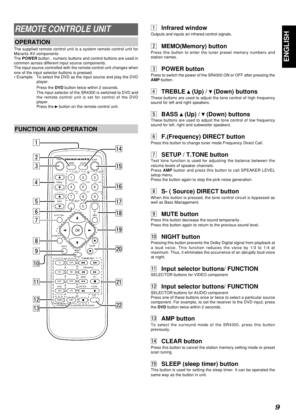 Remote controle unit, 9english, Operation | Function and operation z infrared window, C power button, V treble (up) / (down) buttons, B bass (up) / (down) buttons, N f.(frequency) direct button, M setup / t.tone button, S- ( source) direct button | Marantz SR4300 User Manual | Page 13 / 44