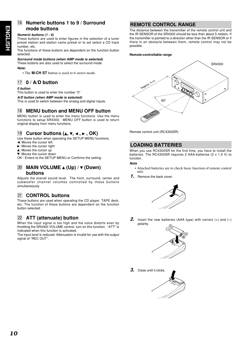 10 english, 6 numeric buttons 1 to 9 / surround mode buttons, 7 0 / a/d button | 8 menu button and menu off button, 9 cursor buttons ( , , , , ok), 0 main volume (up) / (down) buttons, 1 control buttons, 2 att (attenuate) button, Remote control range, Loading batteries | Marantz SR4300 User Manual | Page 14 / 44
