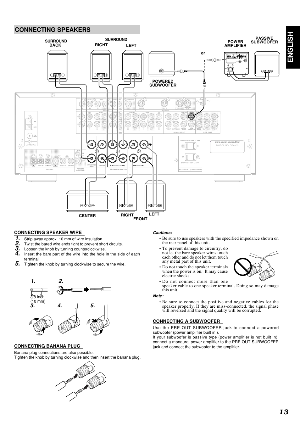 13 english, Connecting speakers, Connecting speaker wire | Connecting banana plug, Cautions, Strip away approx. 10 mm of wire insulation, Loosen the knob by turning counterclockwise | Marantz SR4300 User Manual | Page 17 / 44