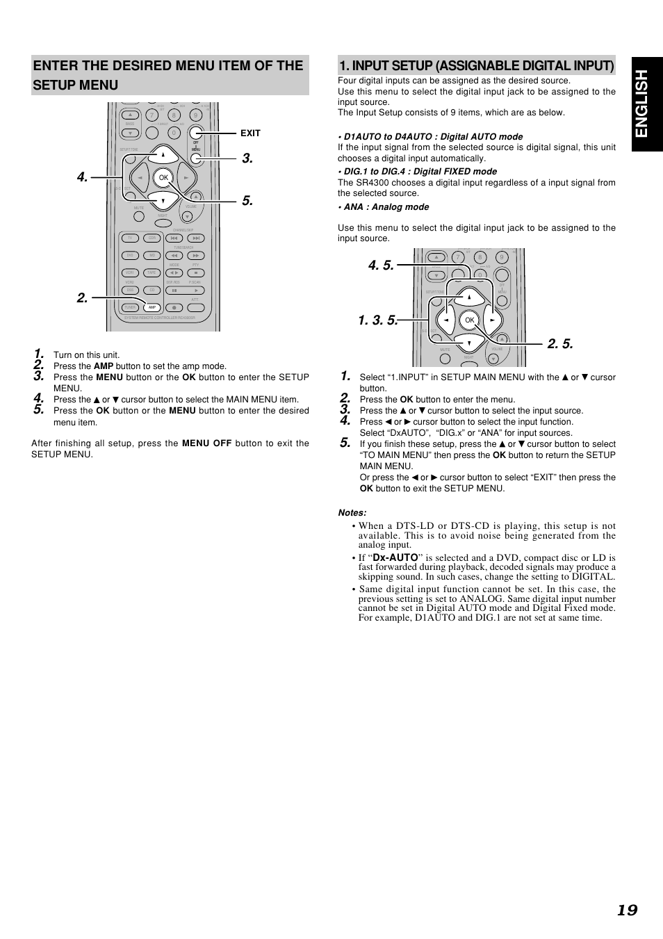 19 english, Enter the desired menu item of the setup menu 1, Input setup (assignable digital input) | Marantz SR4300 User Manual | Page 23 / 44