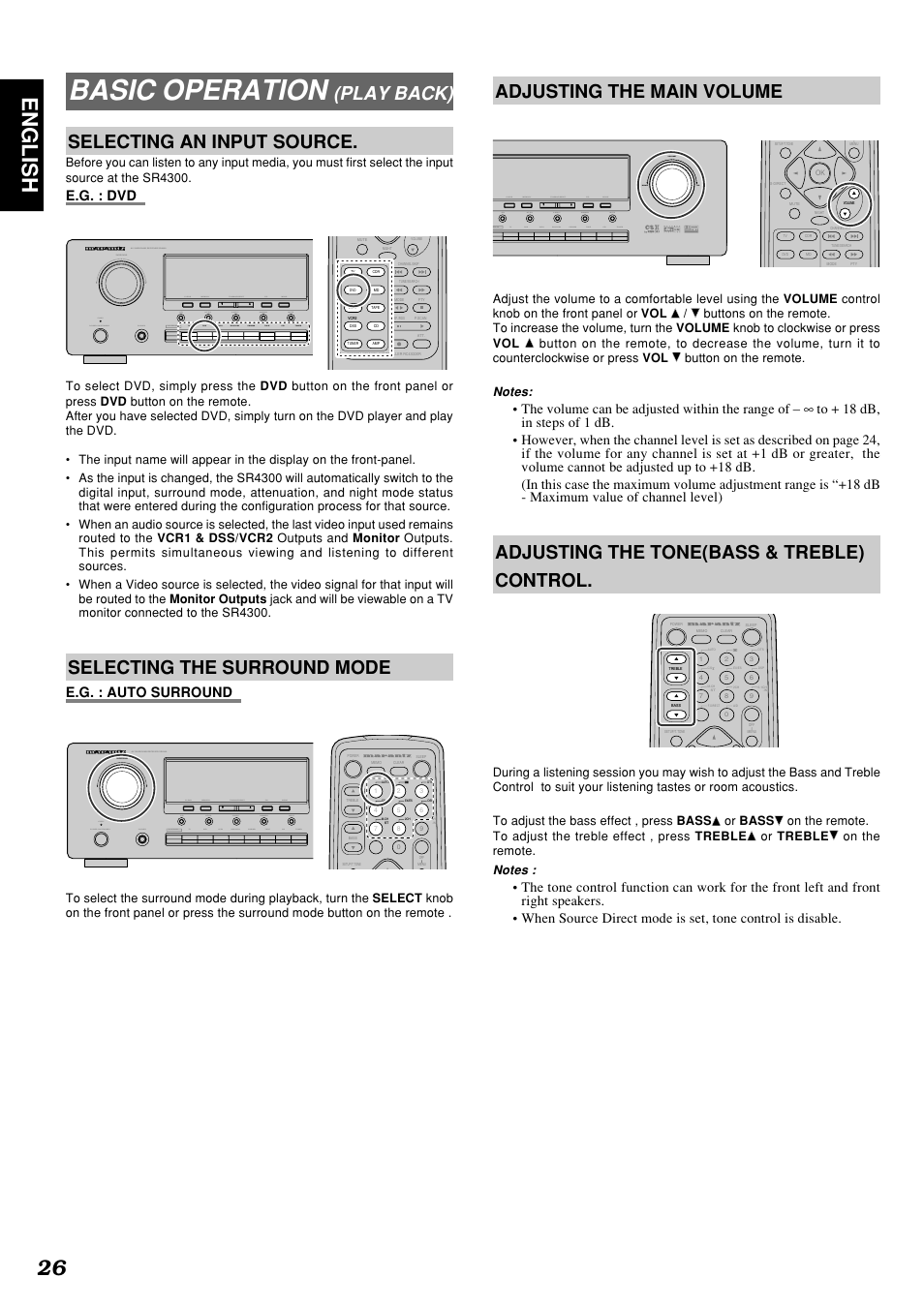 Basic operation, 26 english, Play back) selecting an input source | Selecting the surround mode, Adjusting the main volume, Adjusting the tone(bass & treble) control, E.g. : dvd, E.g. : auto surround | Marantz SR4300 User Manual | Page 30 / 44