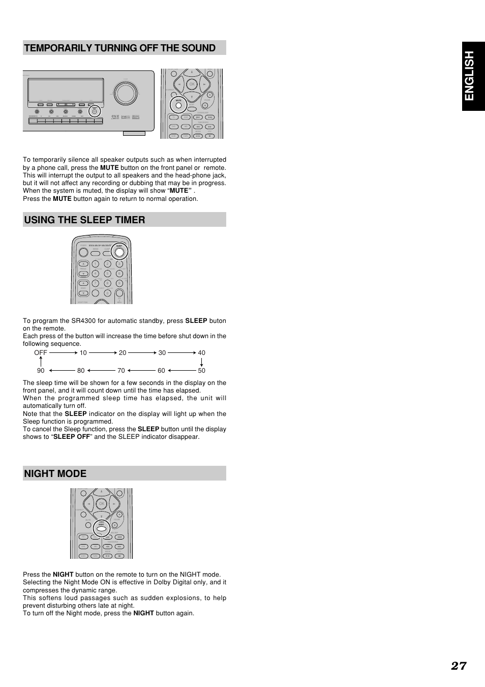 27 english, Temporarily turning off the sound, Using the sleep timer | Night mode | Marantz SR4300 User Manual | Page 31 / 44