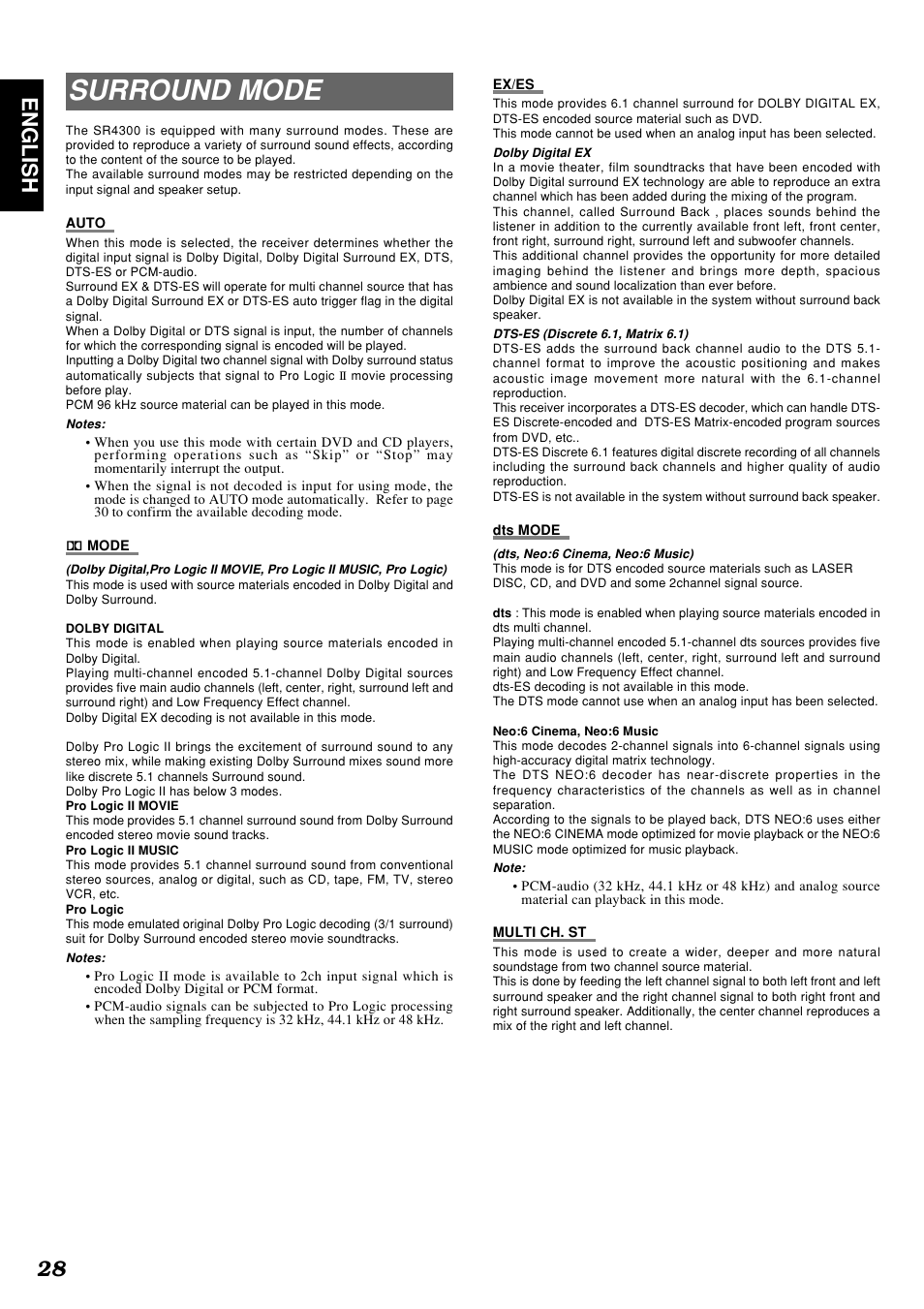 Surround mode, 28 english | Marantz SR4300 User Manual | Page 32 / 44