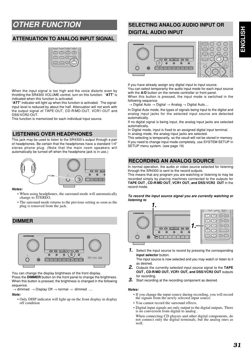 Other function, 31 english, Attenuation to analog input signal | Listening over headphones, Dimmer, Recording an analog source | Marantz SR4300 User Manual | Page 35 / 44