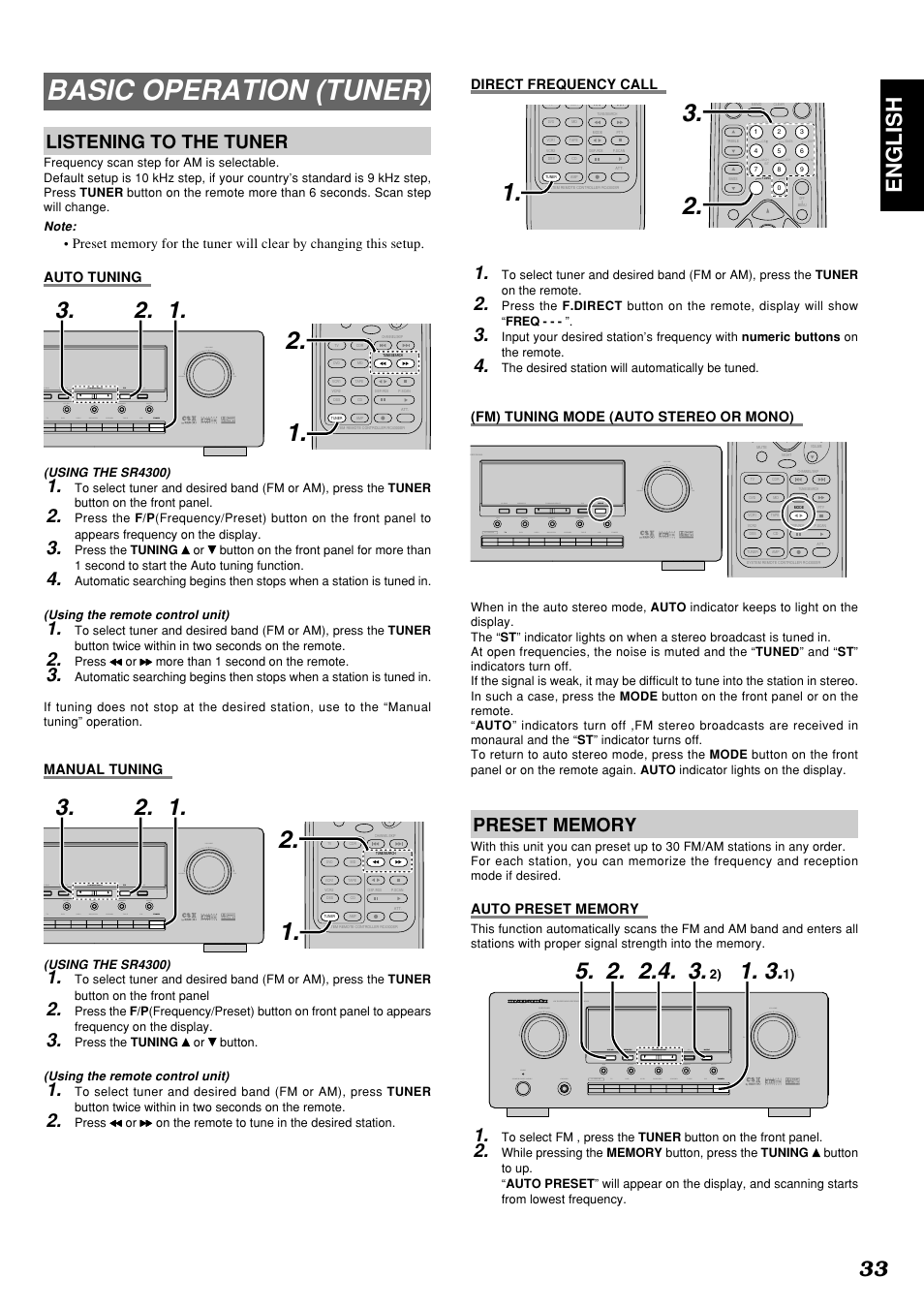 Basic operation (tuner), 33 english, Listening to the tuner | Marantz SR4300 User Manual | Page 37 / 44