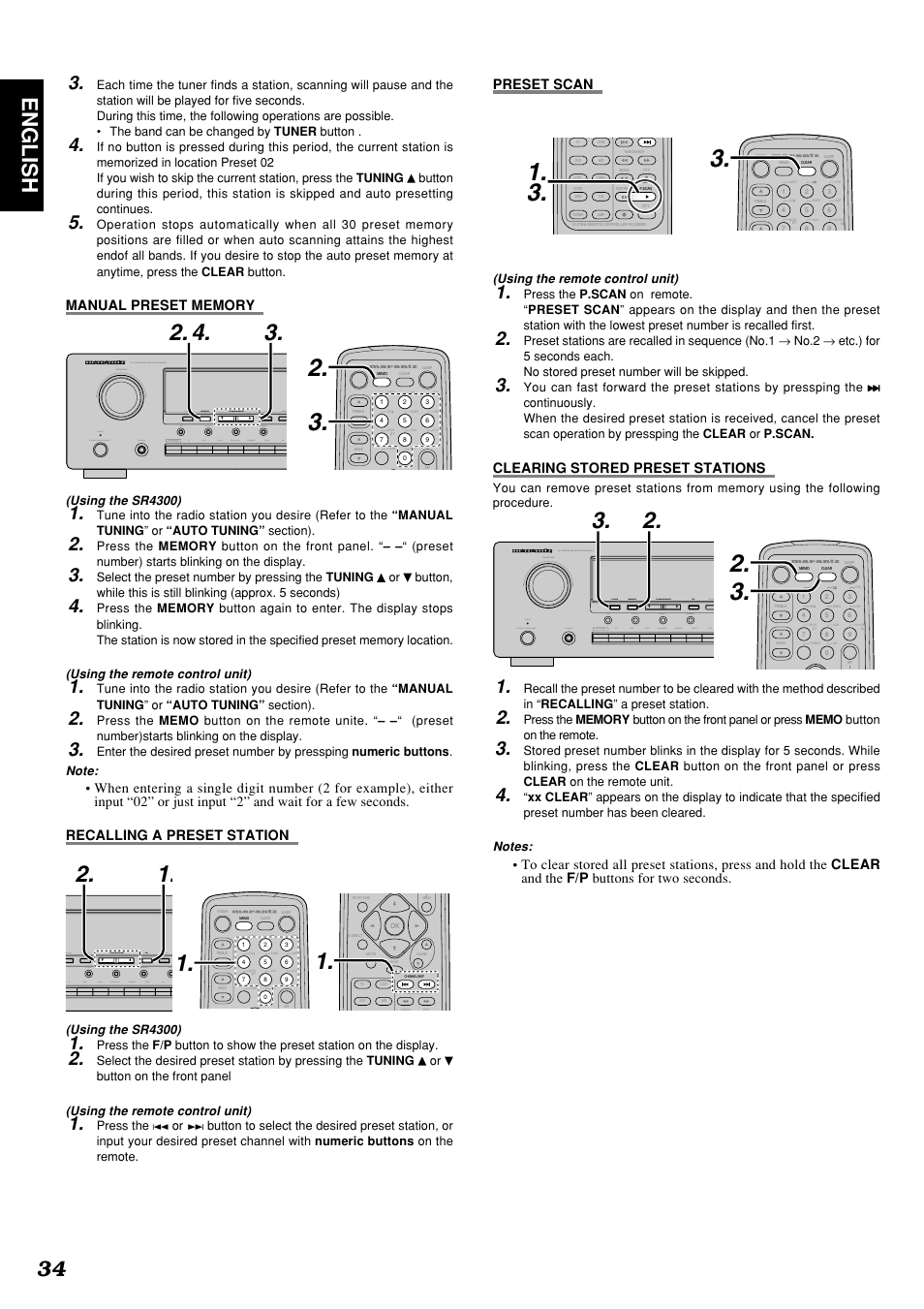 34 english, Preset scan, Clearing stored preset stations | Marantz SR4300 User Manual | Page 38 / 44